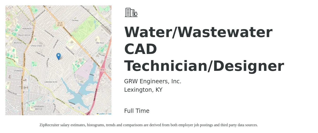 GRW Engineers, Inc. job posting for a Water/Wastewater CAD Technician/Designer in Lexington, KY with a salary of $19 to $28 Hourly with a map of Lexington location.