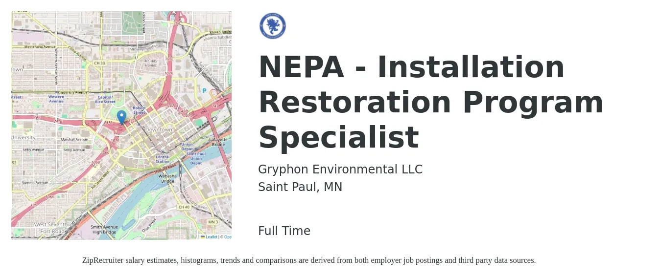 Gryphon Environmental LLC job posting for a NEPA - Installation Restoration Program Specialist in Saint Paul, MN with a salary of $52,900 to $83,600 Yearly with a map of Saint Paul location.