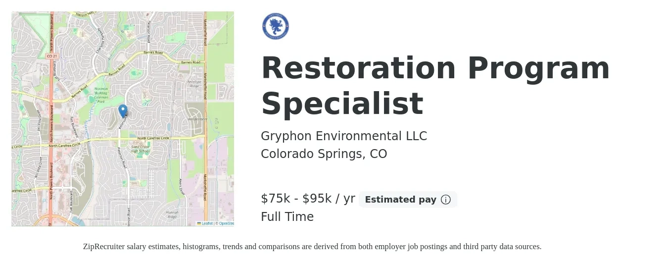Gryphon Environmental LLC job posting for a Restoration Program Specialist in Colorado Springs, CO with a salary of $75,000 to $95,000 Yearly with a map of Colorado Springs location.