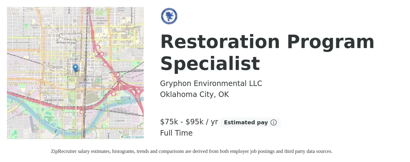 Gryphon Environmental LLC job posting for a Restoration Program Specialist in Oklahoma City, OK with a salary of $75,000 to $95,000 Yearly with a map of Oklahoma City location.