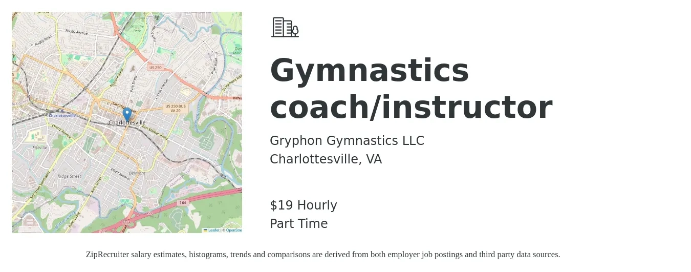 Gryphon Gymnastics LLC job posting for a Gymnastics coach/instructor in Charlottesville, VA with a salary of $20 Hourly with a map of Charlottesville location.