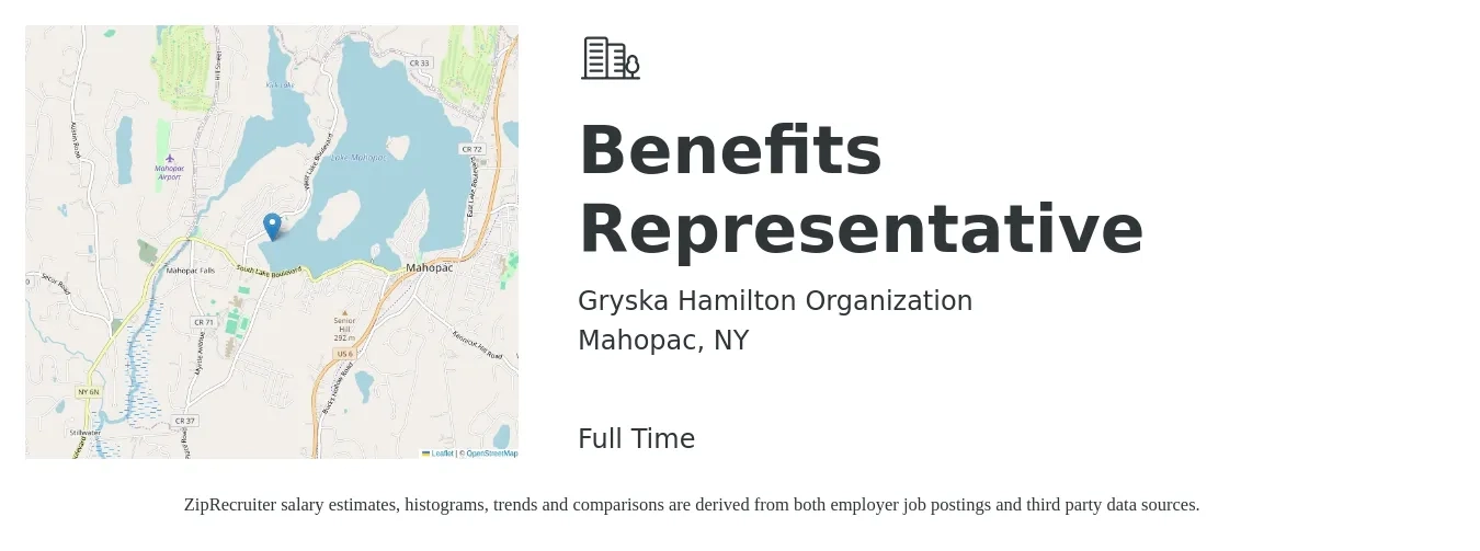 Gryska Hamilton Organization job posting for a Benefits Representative in Mahopac, NY with a salary of $40,100 to $69,300 Yearly with a map of Mahopac location.