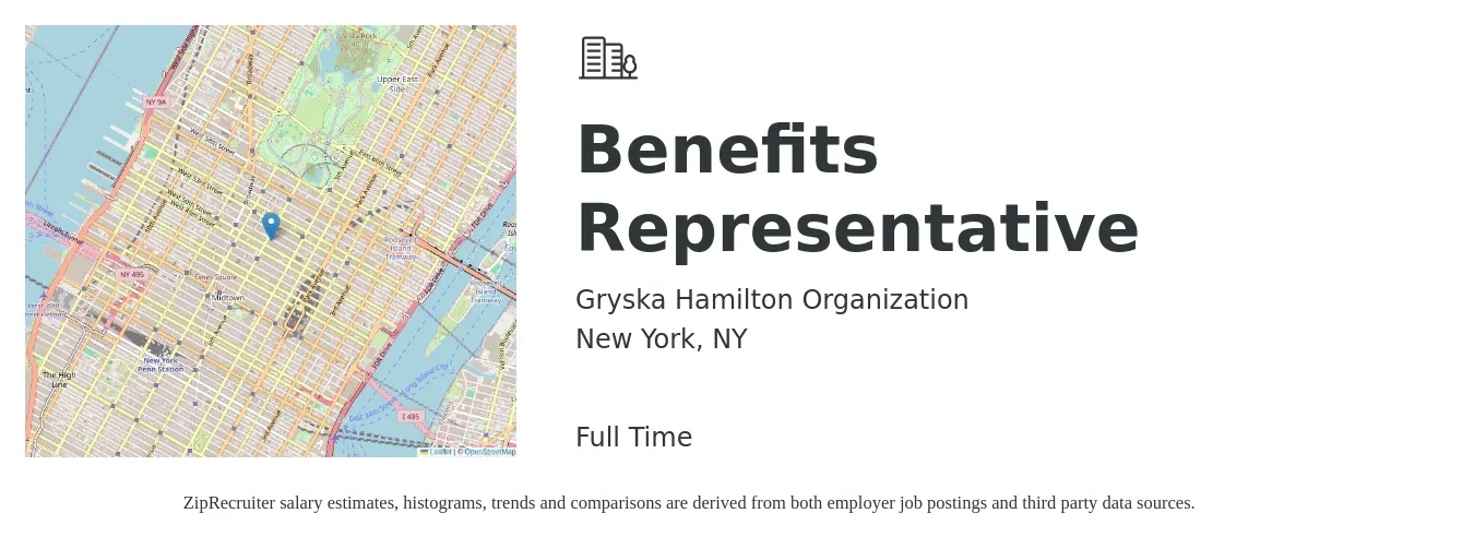 Gryska Hamilton Organization job posting for a Benefits Representative in New York, NY with a salary of $42,400 to $73,400 Yearly with a map of New York location.