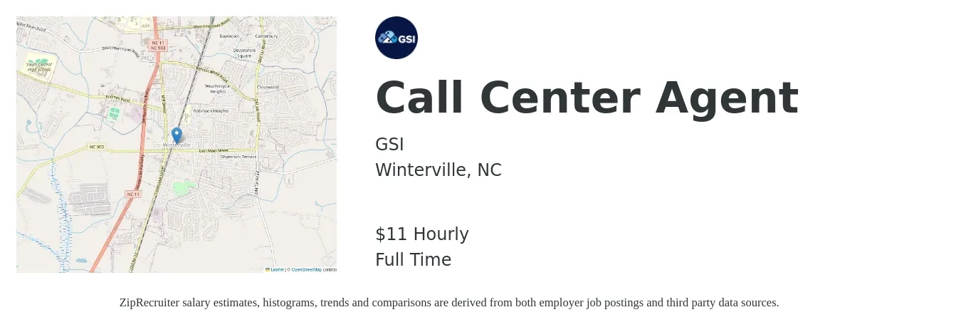 GSI job posting for a Call Center Agent in Winterville, NC with a salary of $12 Hourly with a map of Winterville location.