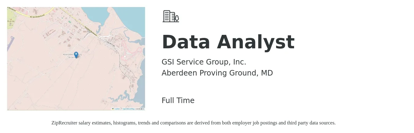 GSI Service Group, Inc. job posting for a Data Analyst in Aberdeen Proving Ground, MD with a salary of $66,900 to $103,800 Yearly with a map of Aberdeen Proving Ground location.