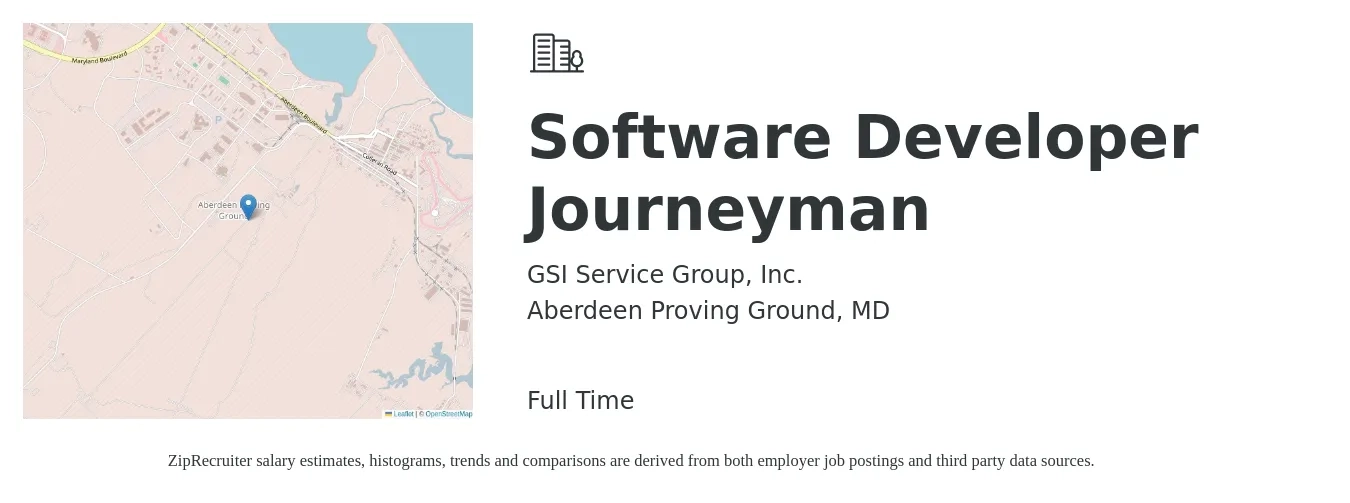 GSI Service Group, Inc. job posting for a Software Developer Journeyman in Aberdeen Proving Ground, MD with a salary of $96,300 to $139,100 Yearly with a map of Aberdeen Proving Ground location.