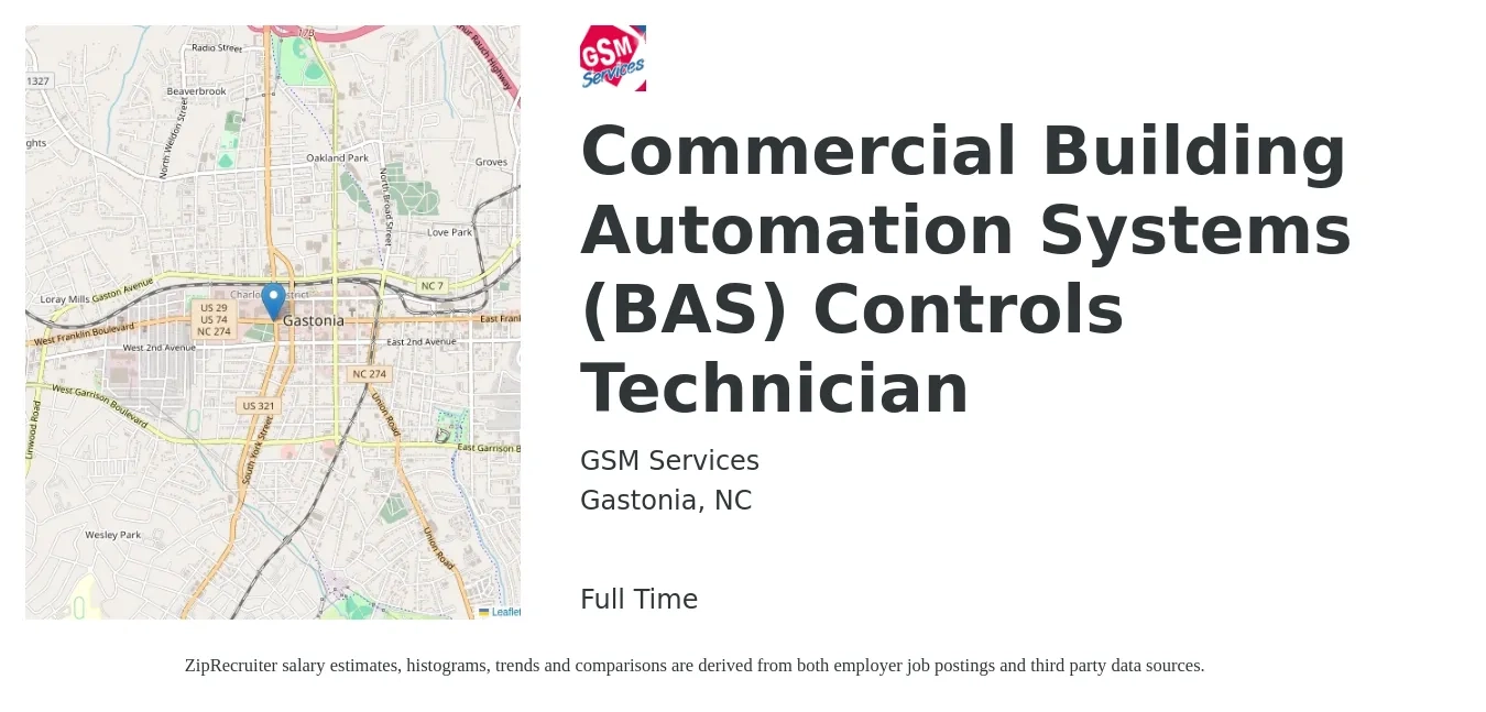 GSM Services job posting for a Commercial Building Automation Systems (BAS) Controls Technician in Gastonia, NC with a salary of $17 to $29 Hourly with a map of Gastonia location.