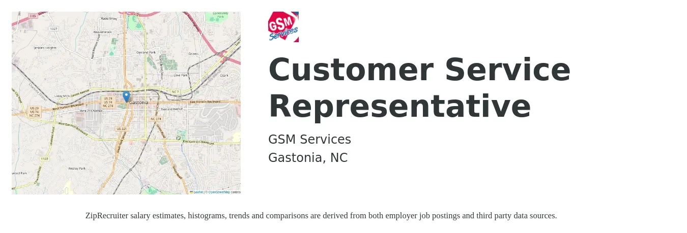 GSM Services job posting for a Customer Service Representative in Gastonia, NC with a salary of $15 to $18 Hourly with a map of Gastonia location.