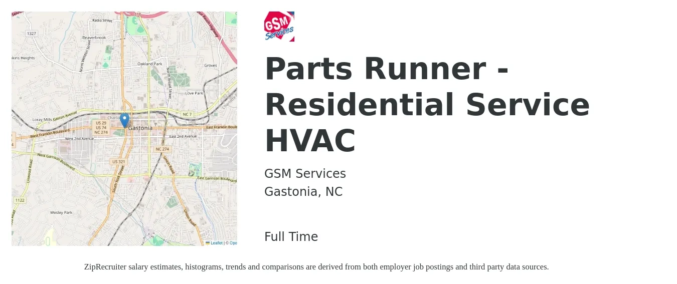 GSM Services job posting for a Parts Runner - Residential Service HVAC in Gastonia, NC with a salary of $14 to $18 Hourly with a map of Gastonia location.
