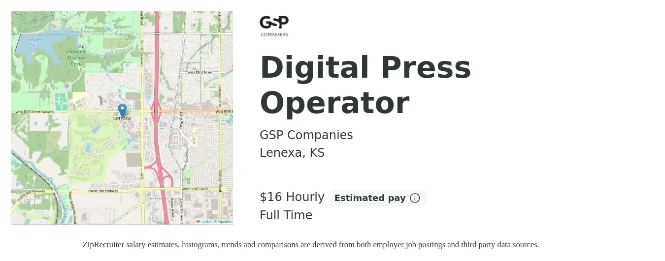 GSP Companies job posting for a Digital Press Operator in Lenexa, KS with a salary of $17 Hourly with a map of Lenexa location.