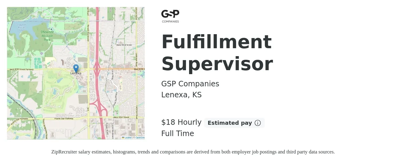 GSP Companies job posting for a Fulfillment Supervisor in Lenexa, KS with a salary of $19 Hourly with a map of Lenexa location.