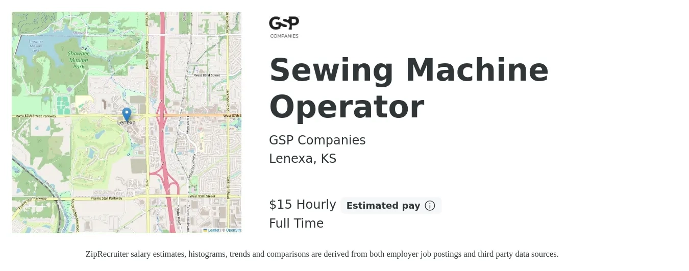 GSP Companies job posting for a Sewing Machine Operator in Lenexa, KS with a salary of $16 Hourly with a map of Lenexa location.
