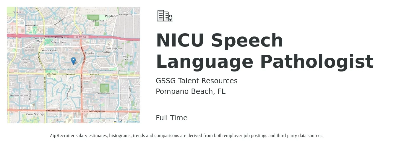 GSSG Talent Resources job posting for a NICU Speech Language Pathologist in Pompano Beach, FL with a salary of $34 to $49 Hourly with a map of Pompano Beach location.