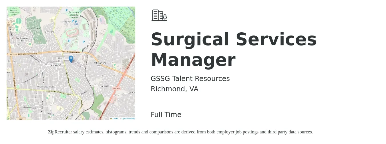 GSSG Talent Resources job posting for a Surgical Services Manager in Richmond, VA with a salary of $71,900 to $118,000 Yearly with a map of Richmond location.