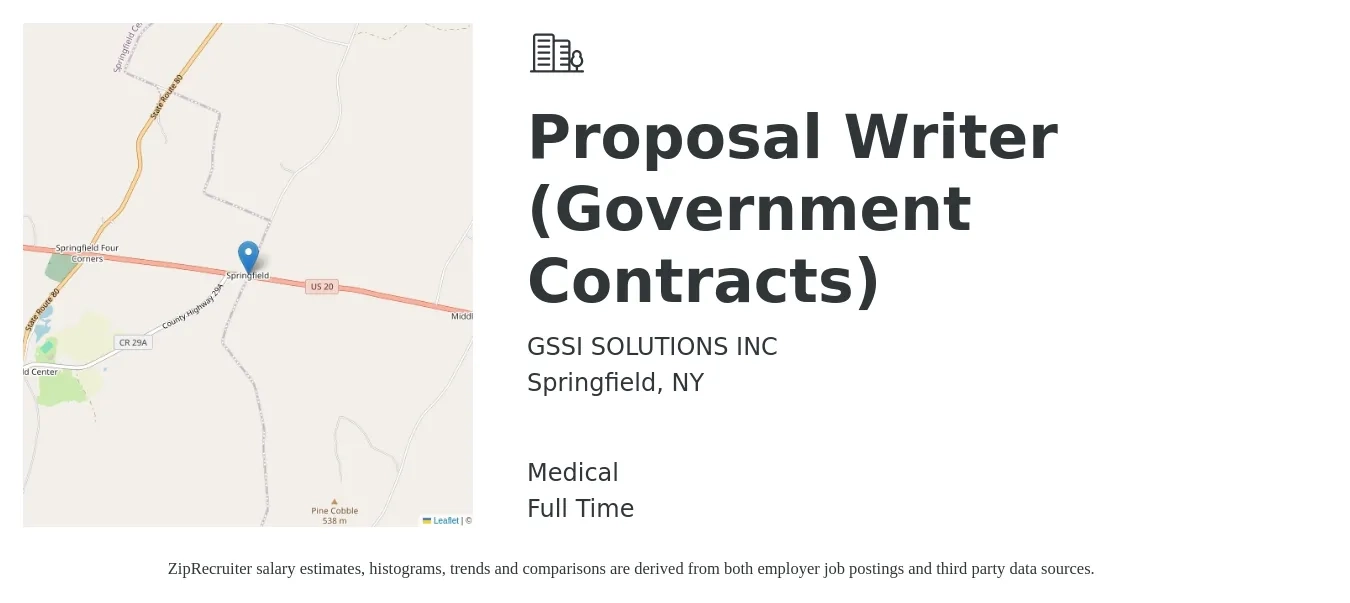 GSSI SOLUTIONS INC job posting for a Proposal Writer (Government Contracts) in Springfield, NY with a salary of $70,700 to $100,700 Yearly and benefits including pto, retirement, life_insurance, and medical with a map of Springfield location.
