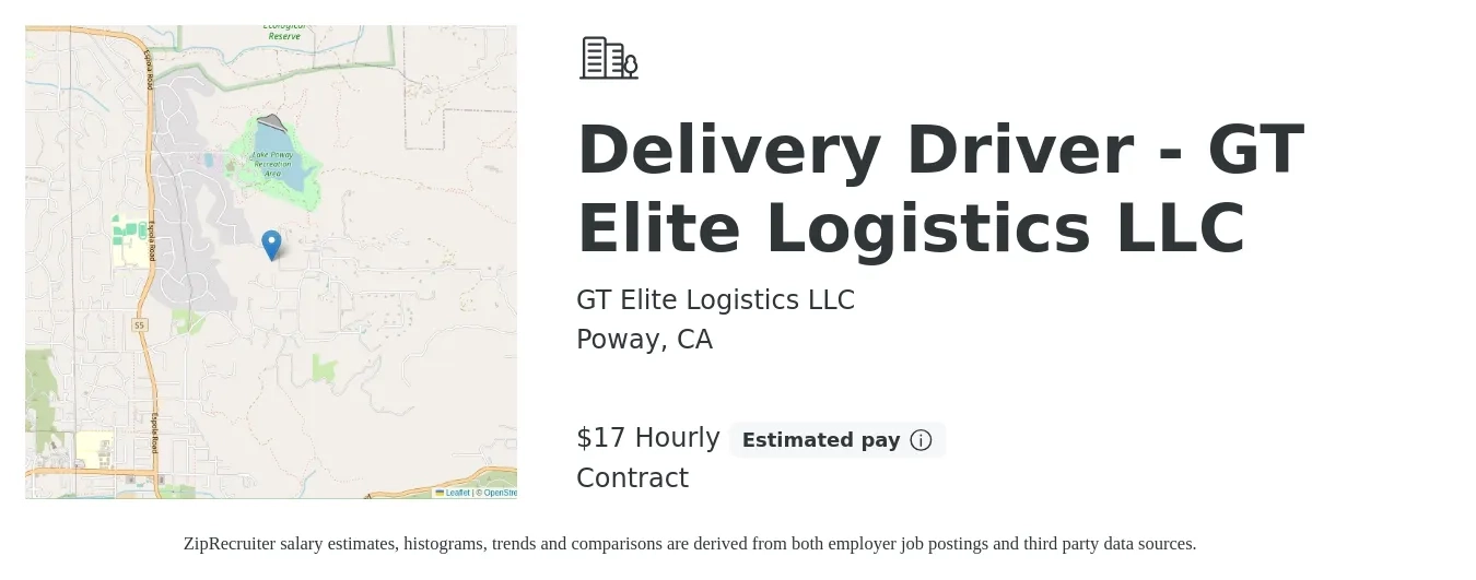 GT Elite Logistics LLC job posting for a Delivery Driver - GT Elite Logistics LLC in Poway, CA with a salary of $18 Hourly with a map of Poway location.