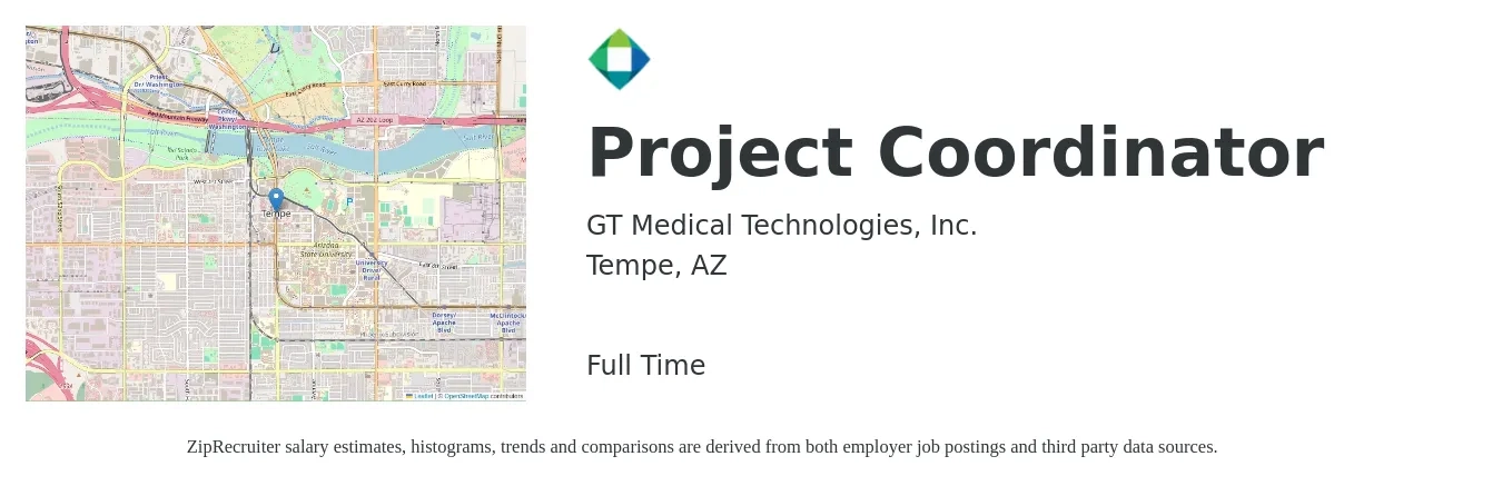 GT Medical Technologies, Inc. job posting for a Project Coordinator in Tempe, AZ with a salary of $22 to $34 Hourly with a map of Tempe location.