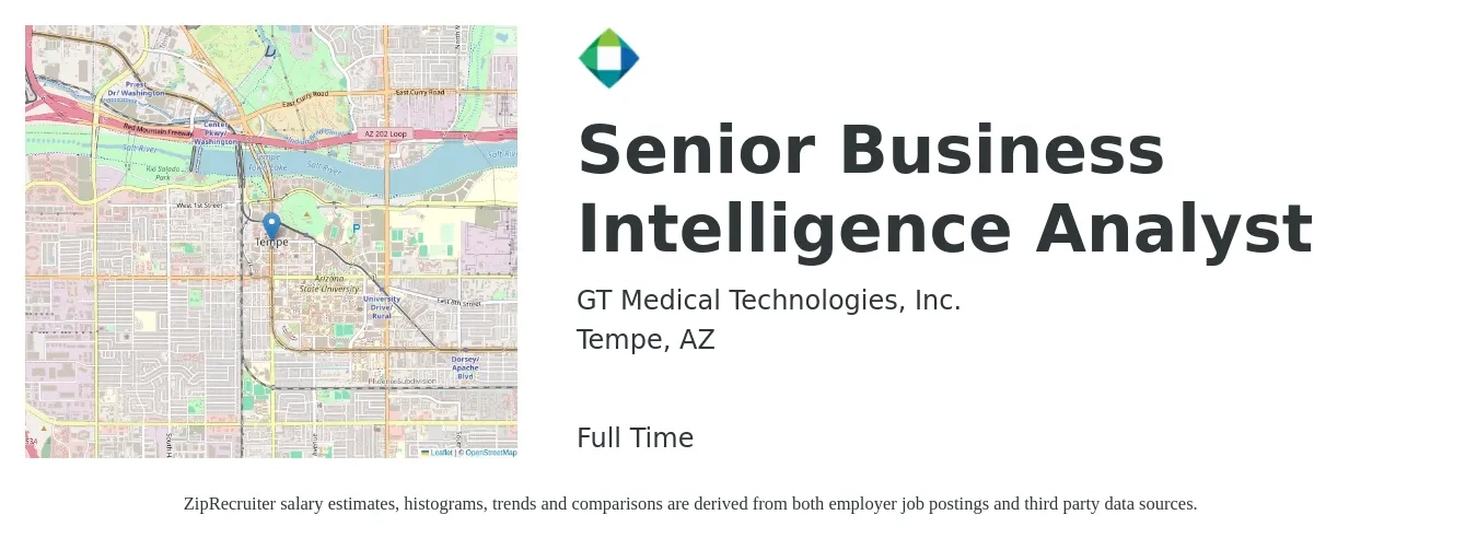 GT Medical Technologies, Inc. job posting for a Senior Business Intelligence Analyst in Tempe, AZ with a salary of $82,200 to $120,100 Yearly with a map of Tempe location.