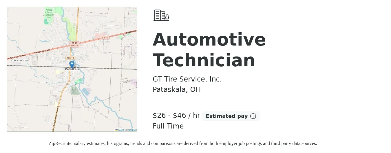 GT Tire Service, Inc. job posting for a Automotive Technician in Pataskala, OH with a salary of $28 to $44 Hourly with a map of Pataskala location.
