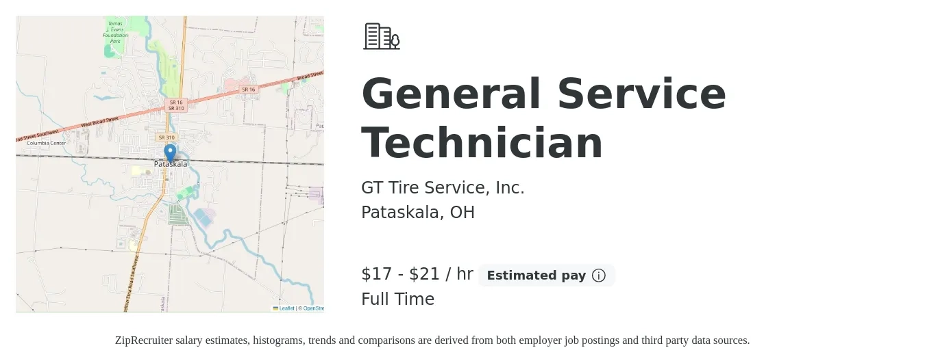 GT Tire Service, Inc. job posting for a General Service Technician in Pataskala, OH with a salary of $18 to $22 Hourly with a map of Pataskala location.