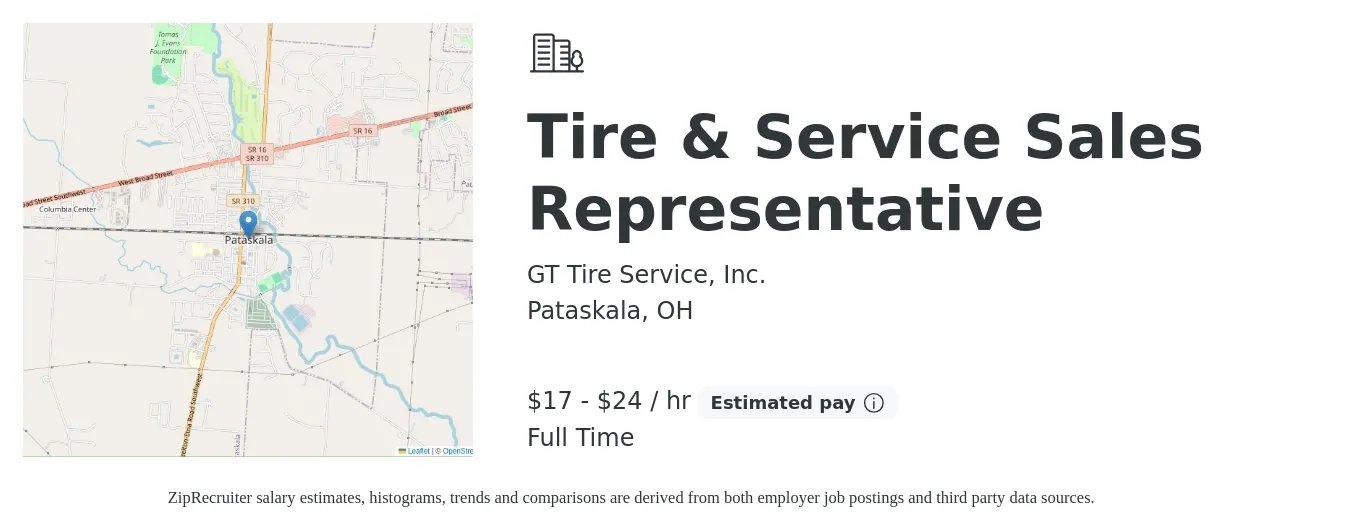 GT Tire Service, Inc. job posting for a Tire & Service Sales Representative in Pataskala, OH with a salary of $18 to $25 Hourly with a map of Pataskala location.