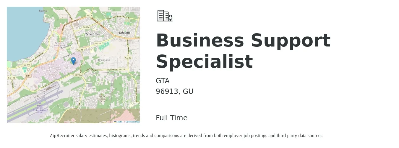 GTA job posting for a Business Support Specialist in 96913, GU with a salary of $43,600 to $77,800 Yearly with a map of 96913 location.