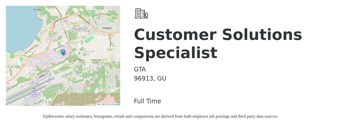 GTA job posting for a Customer Solutions Specialist in 96913, GU with a salary of $16 to $25 Hourly with a map of 96913 location.