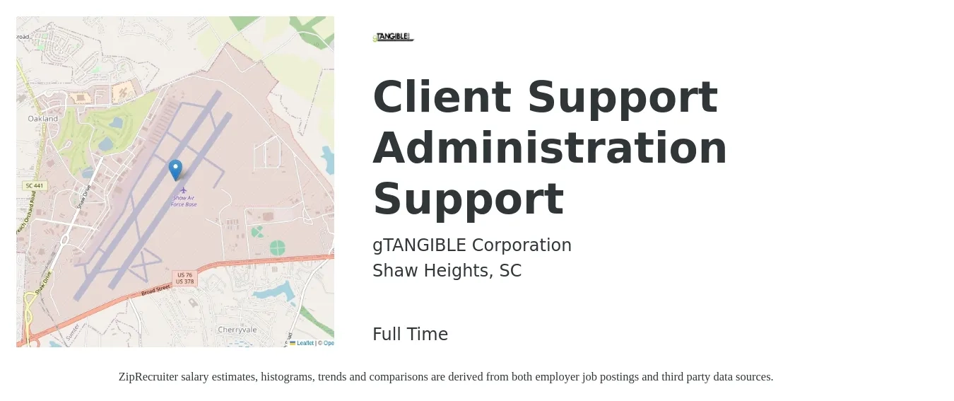 gTANGIBLE Corporation job posting for a Client Support Administration Support in Shaw Heights, SC with a salary of $16 to $19 Hourly with a map of Shaw Heights location.