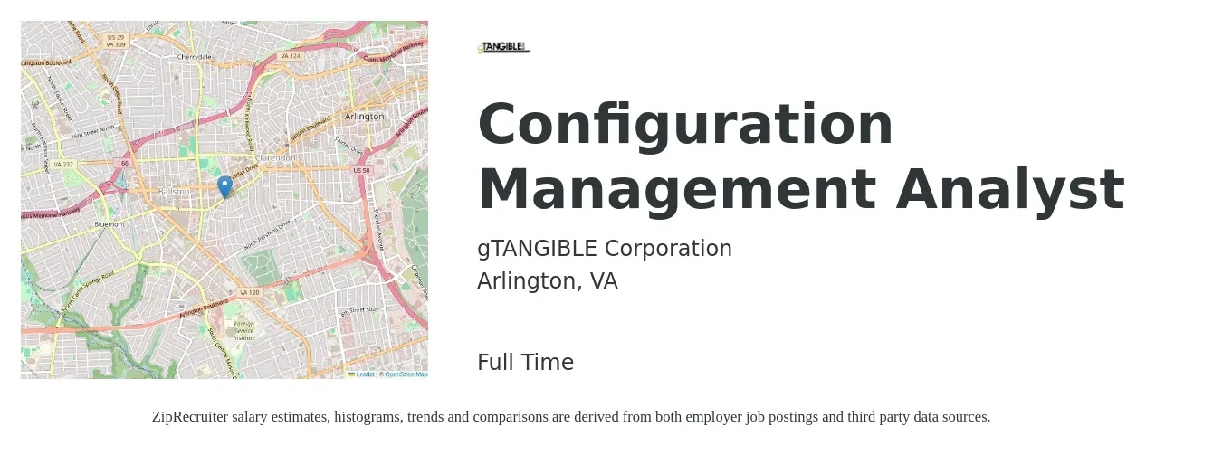 gTANGIBLE Corporation job posting for a Configuration Management Analyst in Arlington, VA with a salary of $76,600 to $115,400 Yearly with a map of Arlington location.
