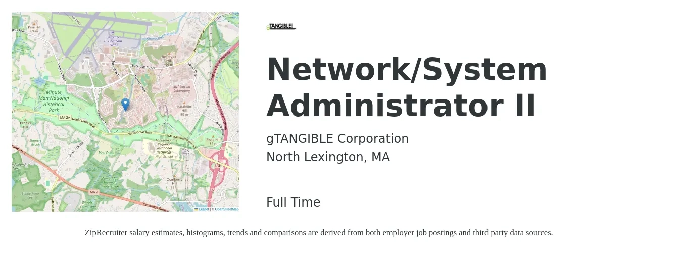 gTANGIBLE Corporation job posting for a Network/System Administrator II in North Lexington, MA with a salary of $72,200 to $103,000 Yearly with a map of North Lexington location.