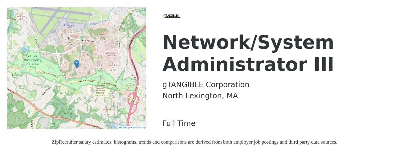 gTANGIBLE Corporation job posting for a Network/System Administrator III in North Lexington, MA with a salary of $72,200 to $103,000 Yearly with a map of North Lexington location.
