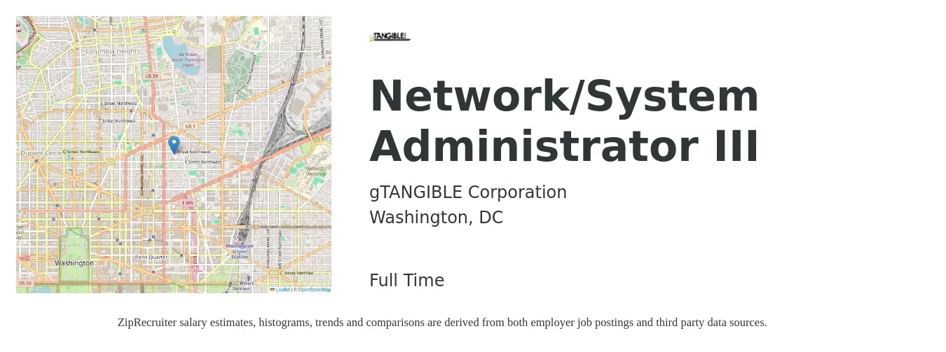 gTANGIBLE Corporation job posting for a Network/System Administrator III in Washington, DC with a salary of $79,300 to $107,000 Yearly with a map of Washington location.