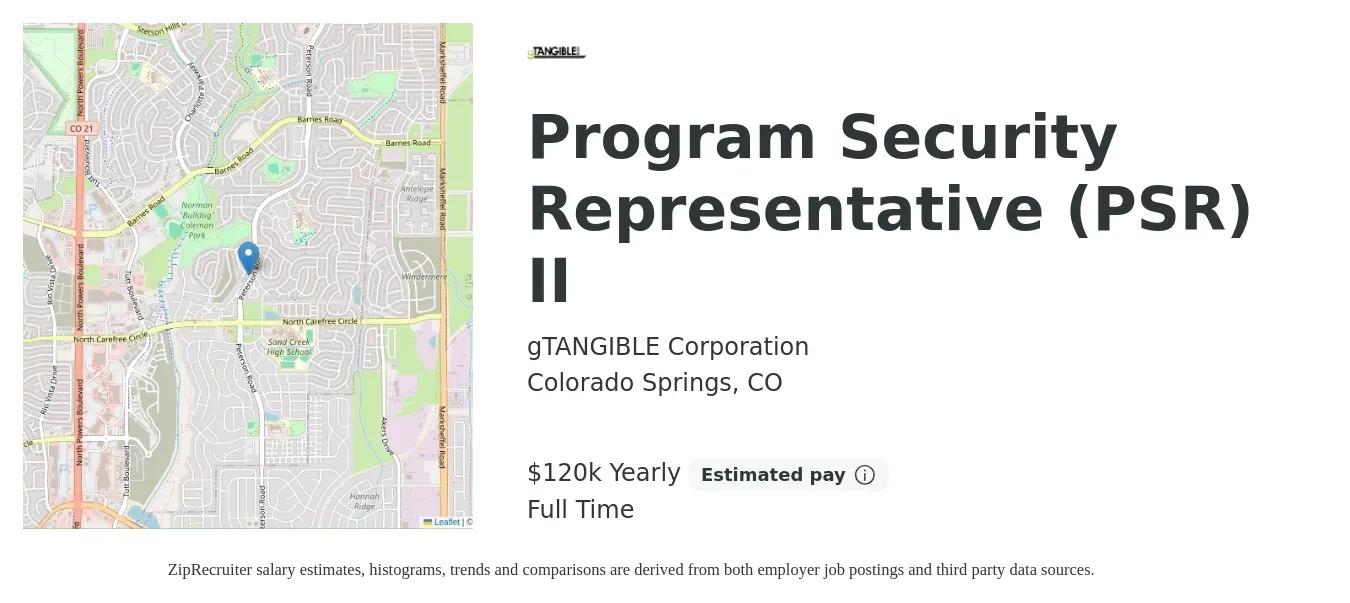 gTANGIBLE Corporation job posting for a Program Security Representative (PSR) II in Colorado Springs, CO with a salary of $120,000 Yearly with a map of Colorado Springs location.