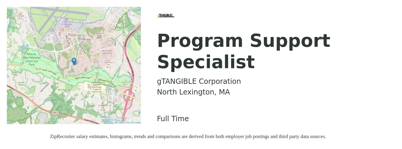 gTANGIBLE Corporation job posting for a Program Support Specialist in North Lexington, MA with a salary of $51,200 to $94,700 Yearly with a map of North Lexington location.