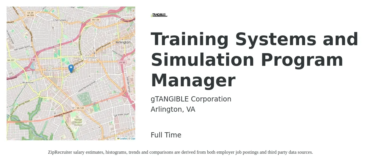 gTANGIBLE Corporation job posting for a Training Systems and Simulation Program Manager in Arlington, VA with a salary of $62,300 to $115,400 Yearly with a map of Arlington location.