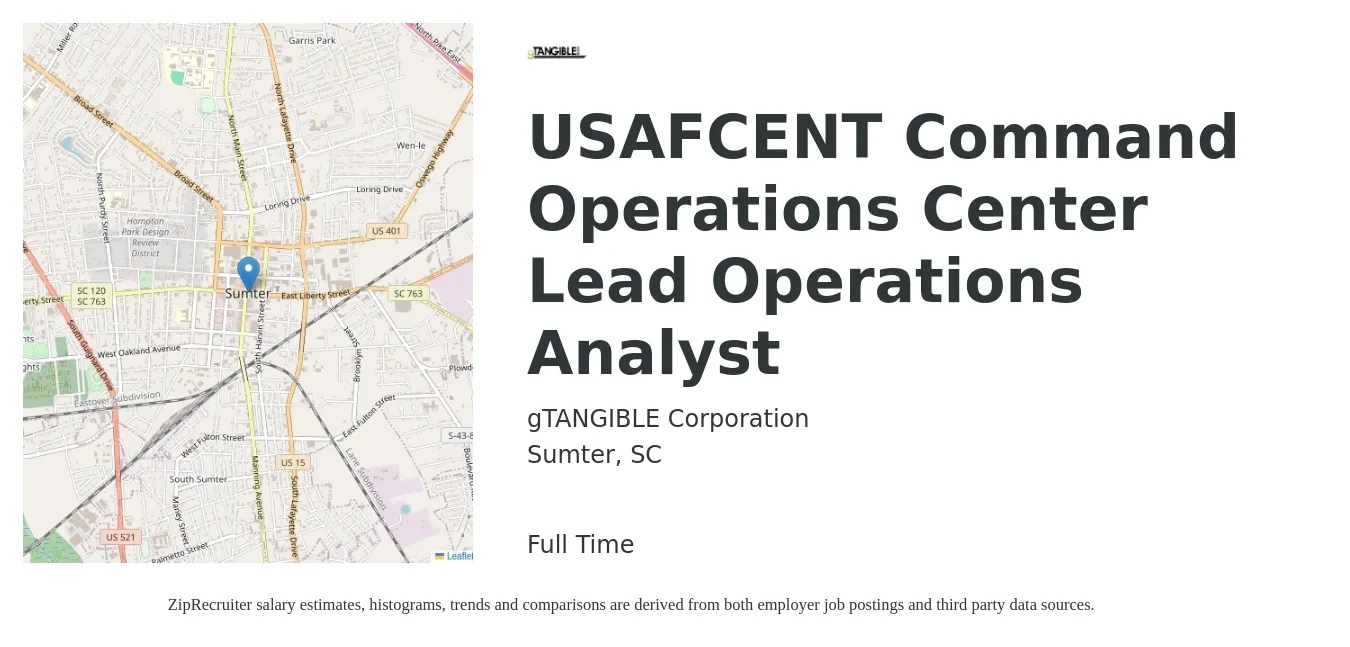 gTANGIBLE Corporation job posting for a USAFCENT Command Operations Center Lead Operations Analyst in Sumter, SC with a salary of $20 to $34 Hourly with a map of Sumter location.