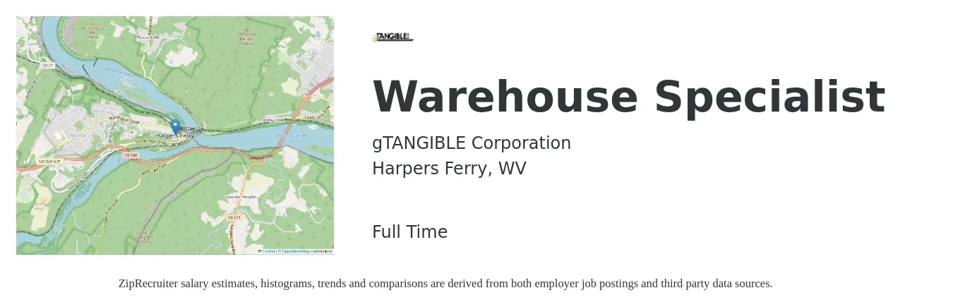 gTANGIBLE Corporation job posting for a Warehouse Specialist in Harpers Ferry, WV with a salary of $18 to $22 Hourly with a map of Harpers Ferry location.