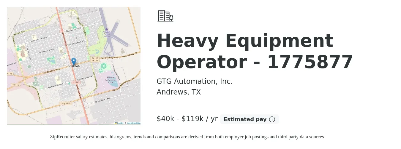GTG Automation, Inc. job posting for a Heavy Equipment Operator - 1775877 in Andrews, TX with a salary of $40,000 to $119,999 Yearly with a map of Andrews location.