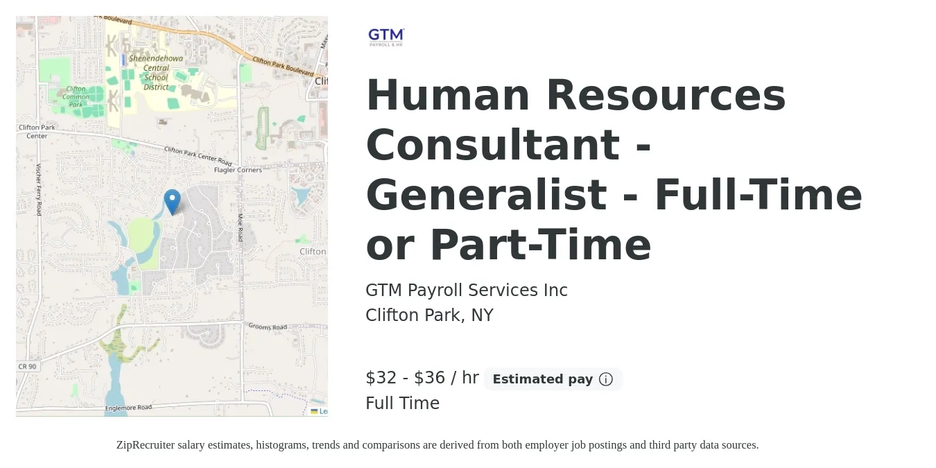 GTM Payroll Services Inc job posting for a Human Resources Consultant - Generalist - Full-Time or Part-Time in Clifton Park, NY with a salary of $34 to $38 Hourly with a map of Clifton Park location.