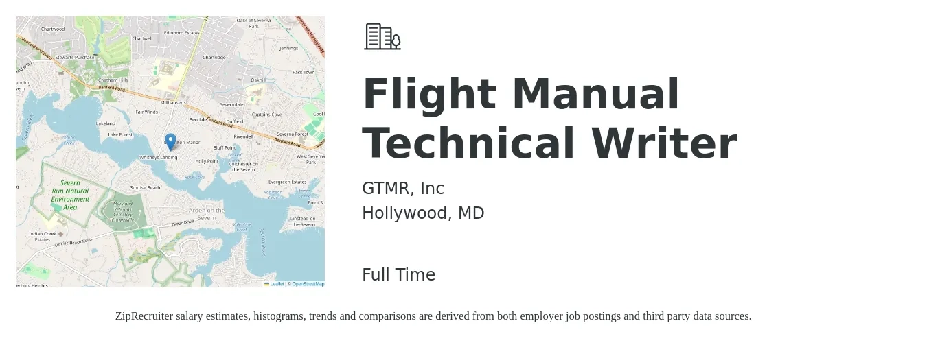 GTMR, Inc job posting for a Flight Manual Technical Writer in Hollywood, MD with a salary of $29 to $47 Hourly with a map of Hollywood location.