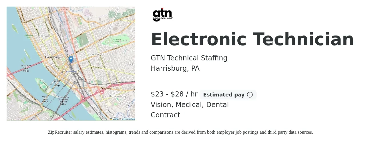 GTN Technical Staffing job posting for a Electronic Technician in Harrisburg, PA with a salary of $24 to $30 Hourly and benefits including dental, medical, and vision with a map of Harrisburg location.