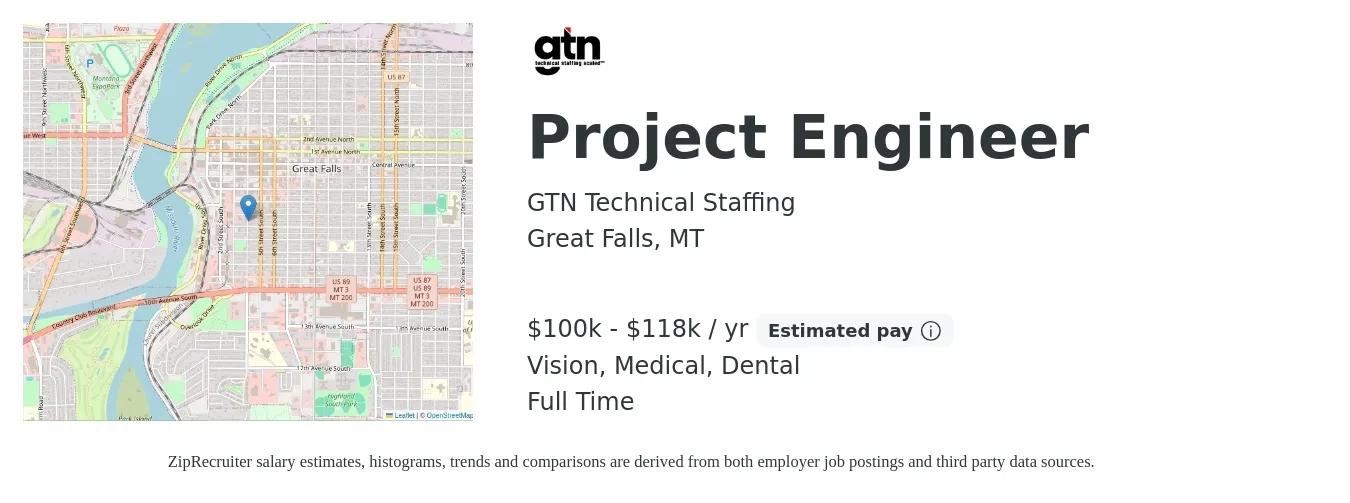 GTN Technical Staffing job posting for a Project Engineer in Great Falls, MT with a salary of $100,000 to $118,000 Yearly and benefits including dental, life_insurance, medical, pto, retirement, and vision with a map of Great Falls location.
