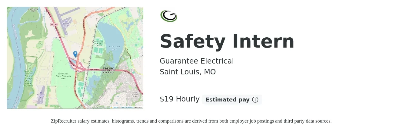 Guarantee Electrical job posting for a Safety Intern in Saint Louis, MO with a salary of $20 Hourly with a map of Saint Louis location.