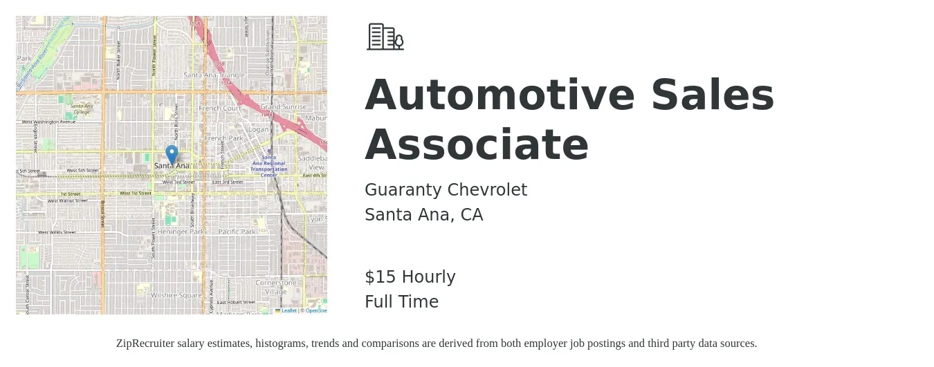 Guaranty Chevrolet job posting for a Automotive Sales Associate in Santa Ana, CA with a salary of $16 Hourly with a map of Santa Ana location.