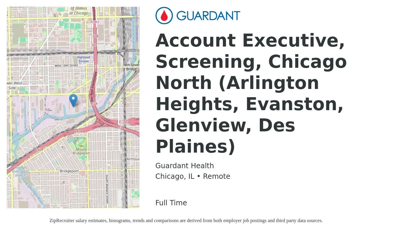 Guardant Health job posting for a Account Executive, Screening, Chicago North (Arlington Heights, Evanston, Glenview, Des Plaines) in Chicago, IL with a salary of $55,600 to $97,900 Yearly with a map of Chicago location.