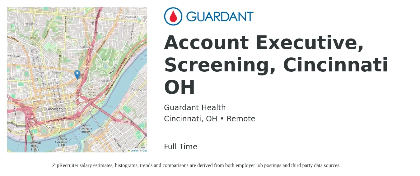 Guardant Health job posting for a Account Executive, Screening, Cincinnati OH in Cincinnati, OH with a salary of $51,800 to $91,200 Yearly with a map of Cincinnati location.