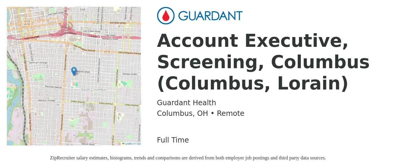 Guardant Health job posting for a Account Executive, Screening, Columbus (Columbus, Lorain) in Columbus, OH with a salary of $52,200 to $91,800 Yearly with a map of Columbus location.