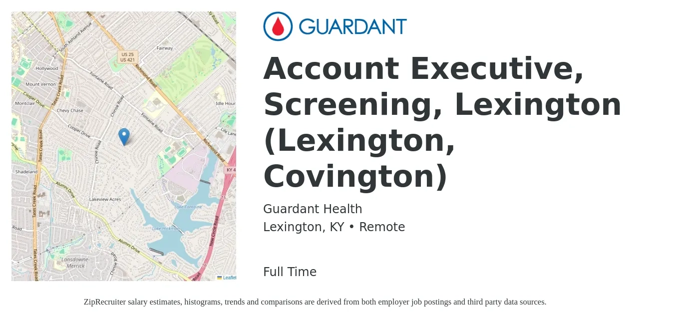 Guardant Health job posting for a Account Executive, Screening, Lexington (Lexington, Covington) in Lexington, KY with a salary of $53,700 to $94,400 Yearly with a map of Lexington location.