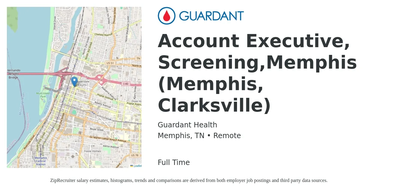 Guardant Health job posting for a Account Executive, Screening,Memphis (Memphis, Clarksville) in Memphis, TN with a salary of $52,500 to $92,300 Yearly with a map of Memphis location.