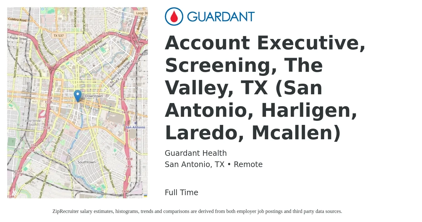 Guardant Health job posting for a Account Executive, Screening, The Valley, TX (San Antonio, Harligen, Laredo, Mcallen) in San Antonio, TX with a salary of $48,700 to $85,700 Yearly with a map of San Antonio location.